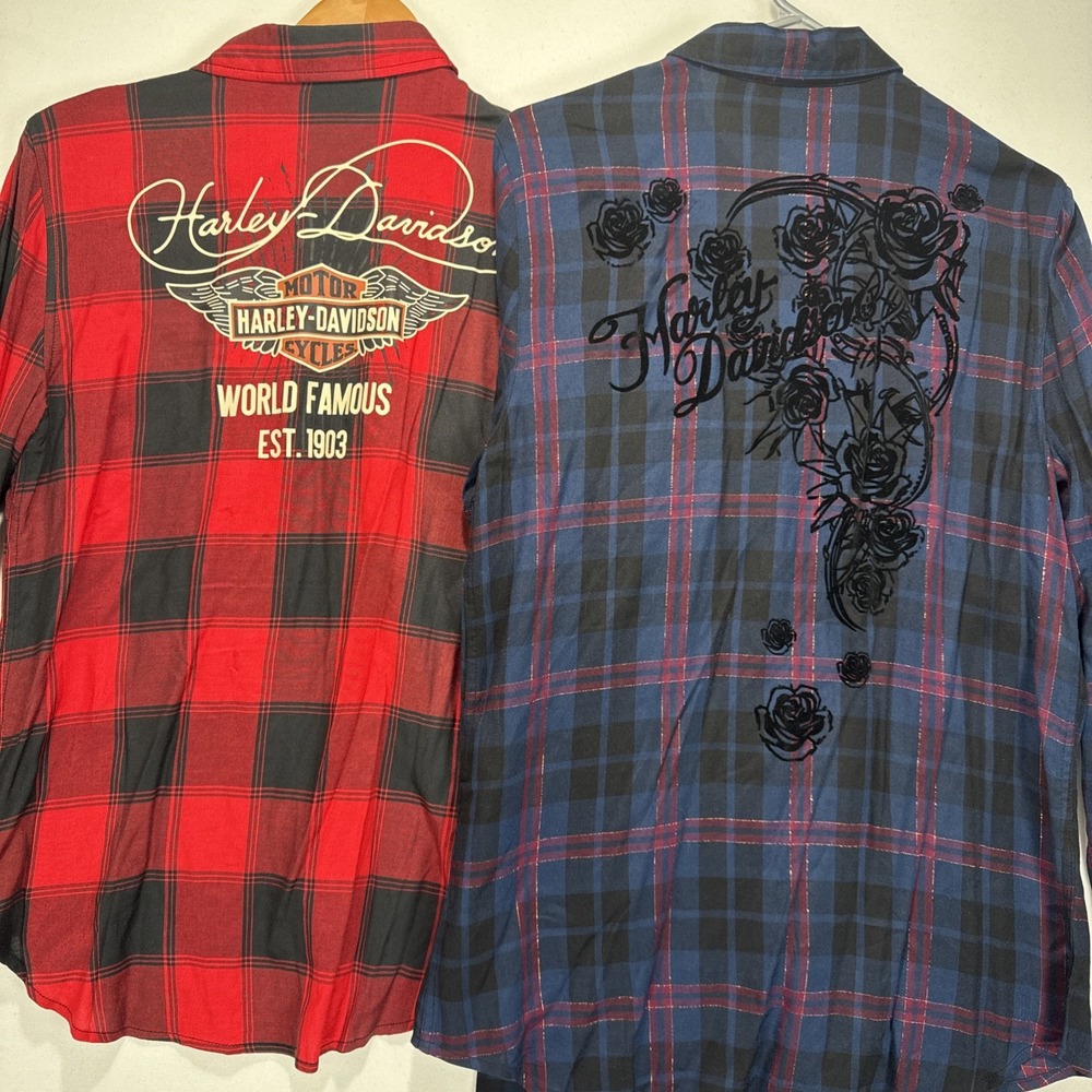 HARLEY DAVIDSON Flannel Shirt Women's M  Worlds‎ Famous Plaid Lot Of 2